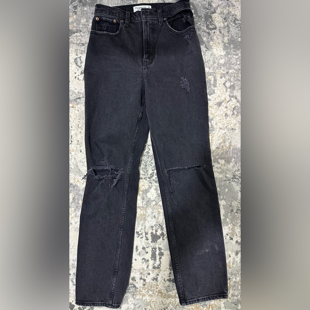 Abercrombie & Fitch Black Straight Leg Jeans with Distressed Details